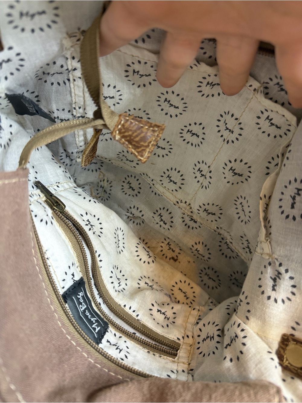 Myra Bag Brown and White Floral Canvas Shoulder Bag with Leather Trim - Picture 6 of 7